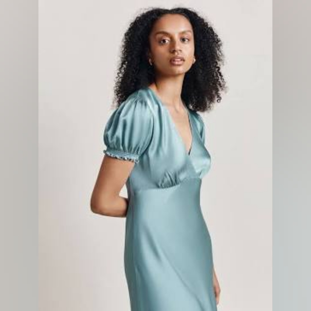 Elegant Blue Midi Dress - Ghost London - Clemence Dress - Puff Sleeve